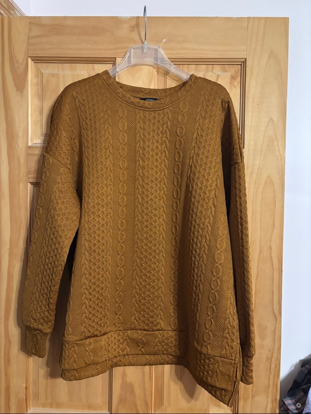 Textured Cable Crewneck Sweater in Mustard Brown